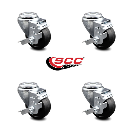 Service Caster 3 Inch Soft Rubber Wheel Swivel Bolt Hole Caster Set with Brake SCC-BH20S314-SRS-TLB-4